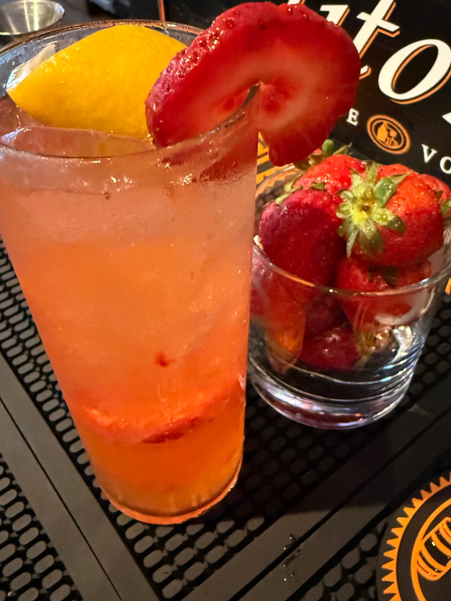 Strawberry orange cocktail with fresh strawberries at Rippy's