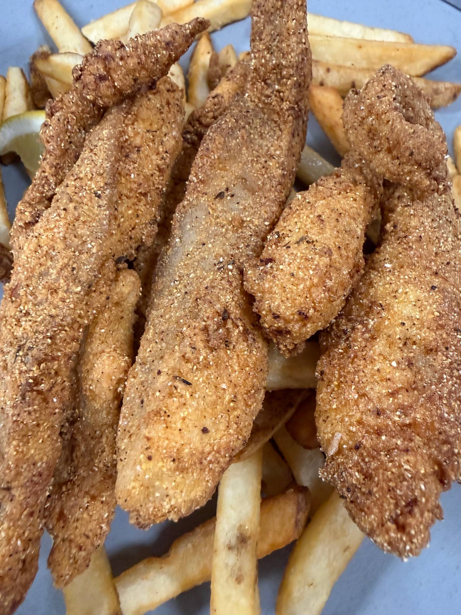 Hand-breaded catfish strips with fries