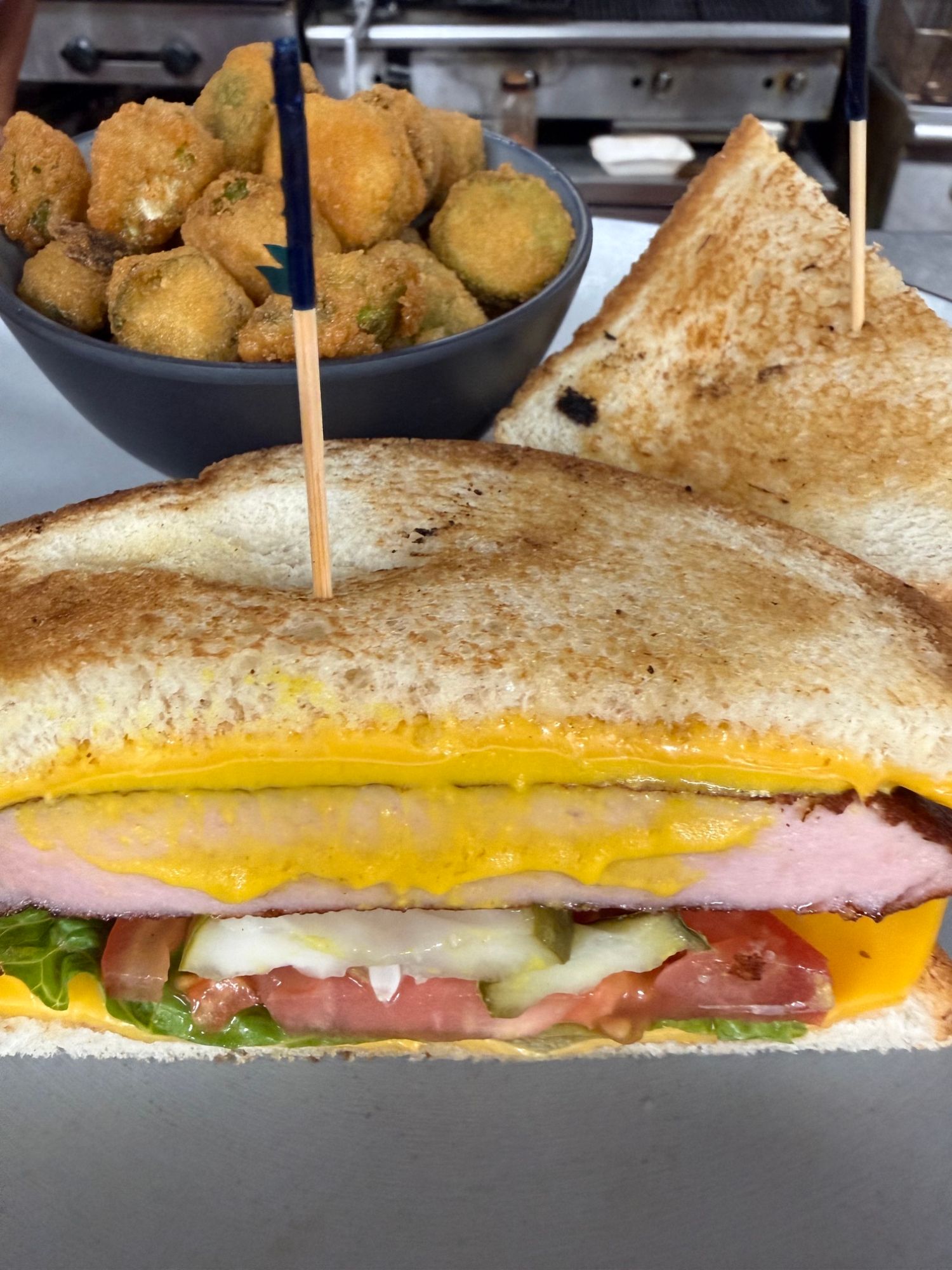 Toasted bologna sandwich with fried okra